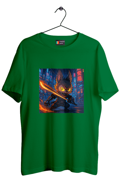 Футболка чоловіча з принтом "Лабубу". Аніместиль, дія, катана, кіберніндзя, кіберпанк, лабубу, меч, неонове місто, очі` що світяться. 2070702