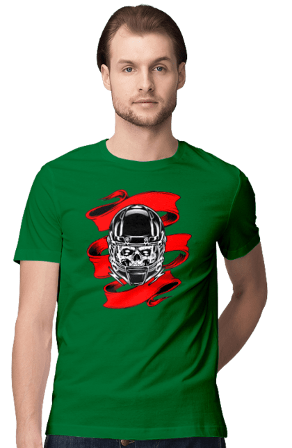 Men`s t-shirt with prints Skull in a motorcycle helmet. Helmet, moto, skull, tape. 2070702