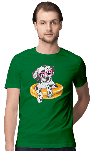Men`s t-shirt with prints Dalmatian Swims In A Circle. Dalmatian, dog, glasses, to swim. 2070702