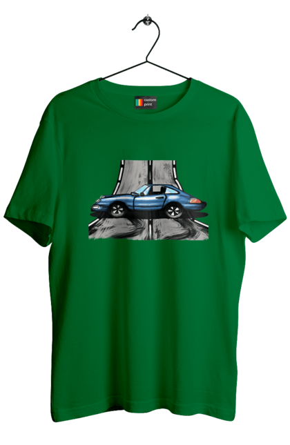 Футболка чоловіча з принтом "Спортивний Автомобіль На Дорозі". Автомобіль, гонки, синій, спортиного, швидкий, швидкісний. 2070702