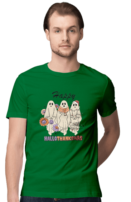 Men's t-shirt with prints Halloween Ghost. Costume, ghost, halloween, holiday, october, october 31, scary, sweets, trick or treat. 2070702