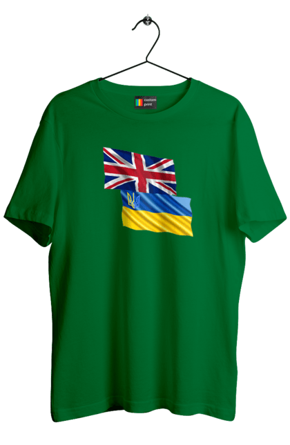 Футболка чоловіча з принтом "Прапор Великої Британії, прапор України, Підтримка України". Британія, велика британія, війна, киев, мир, національні кольори, прапор, прапор британії, прапор великої британії. 2070702