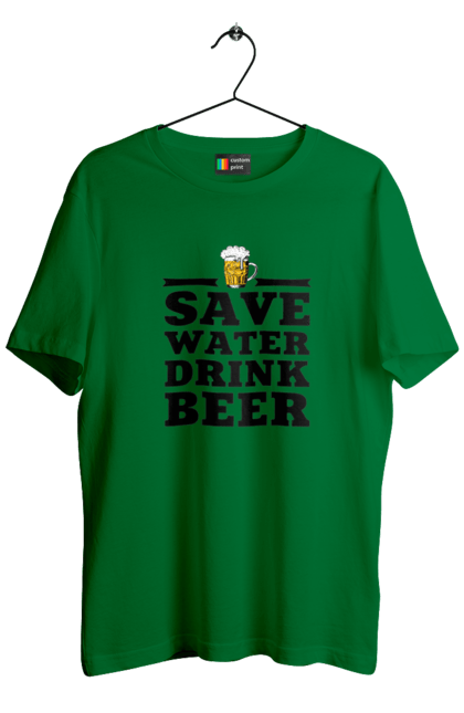 Футболка чоловіча з принтом "Бережи воду, пий пиво (чорна)". 18+, алкоголь, бар, гумор, любителям писа, меми, пиво, приколи, текст, чоловікам. 2070702
