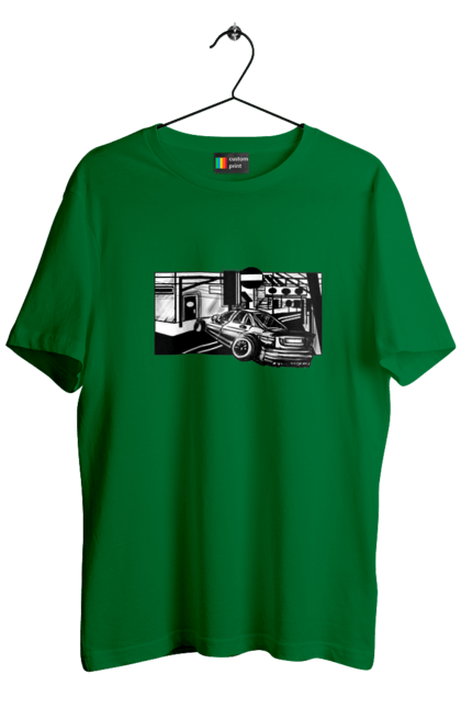 Men`s t-shirt with prints Dangerous Car on the roads of the streets. Black and white, car, dangerous, fast, machine, race. 2070702
