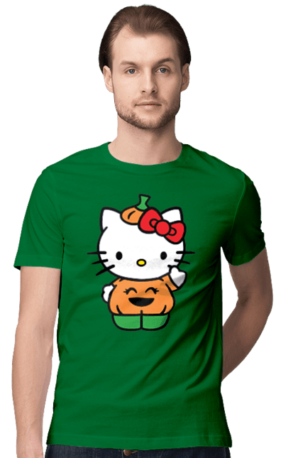 Men's t-shirt with prints Hello Kitty Halloween. Brand, character, halloween, hello kitty, kitten, kitty, pumpkin. 2070702