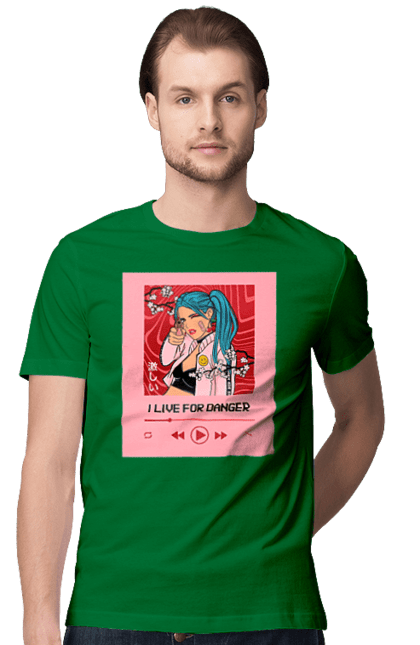 Футболка чоловіча з принтом "I Live For Danger". Аніме, музика, пістолет, програвач. 2070702