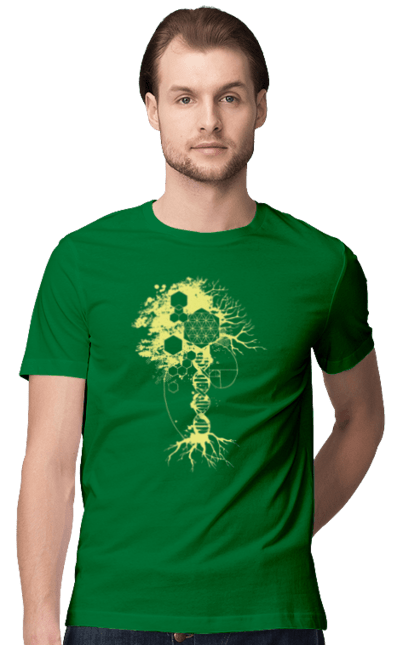 Футболка чоловіча з принтом "Древо життя". Божественна суть, ген, дерево життя, днк, макромолекула, мова світобудови, насіння життя, сакральна геометрія, число бога, число фібоначчі. 2070702