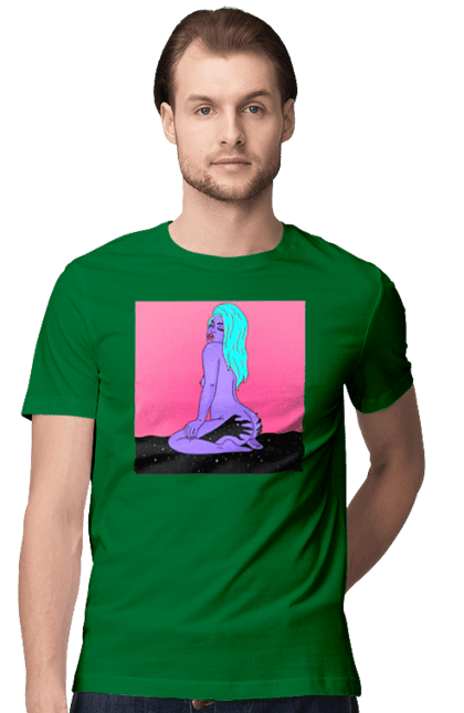 Men`s t-shirt with prints Purple Girl In Hands. Alien, girl, sits. 2070702