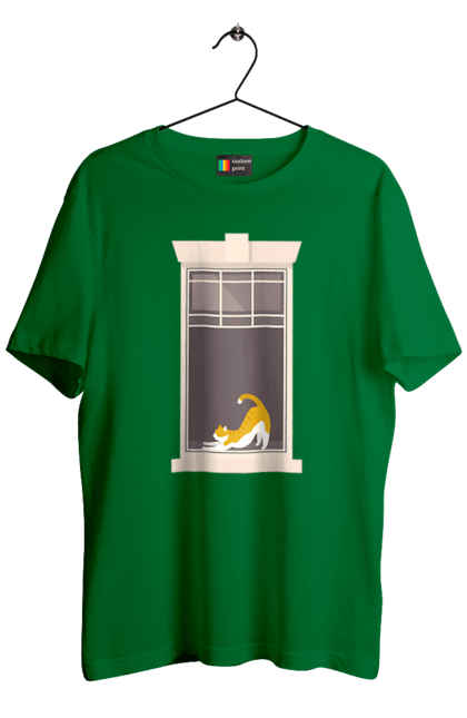 Футболка чоловіча з принтом "Кіт В Вікні". Вікно, кіт, потягушки, рудий. 2070702