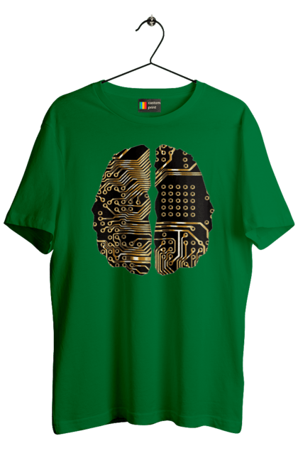 Футболка чоловіча з принтом "Мозок Айті". Айті, айтішник, гик, знання, золотий, золото, інженер, кібер, кібернетика, кіборг, код, комп, кристал, мікросхема, мозок, програміст, професіонал, професія, розробник, розум, чіп. 2070702