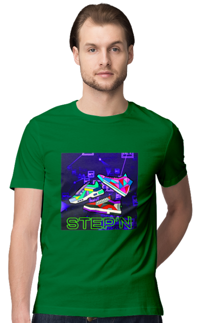 Футболка чоловіча з принтом "Step`n". Віртуальні кросівки, крипта, криптовалюти, нфт, нфт кросівки, солана, степен. 2070702