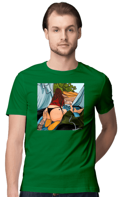 Футболка чоловіча з принтом "Відпочинок З Улюбленою У Палатці". Відпочинок, жопа, палатка, собака. 2070702