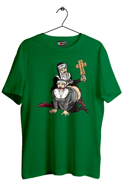 Футболка чоловіча з принтом "Монашки БДСМ". Бдсм, крута, модна, молодіжна, плескає по дупі, рок, рольові ігри, черниці бдсм, черницю, черниця. 2070702