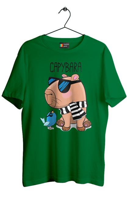Футболка чоловіча з принтом "Стильна капібара". Капібара, модна капібара, настрій, окуляри, птах, сонячні окуляри, стильна капібара, тварина, шарф у смужку. 2070702