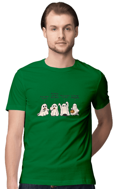 Men's t-shirt with prints Halloween Ghost. Costume, ghost, halloween, holiday, october, october 31, scary, sweets, trick or treat. 2070702