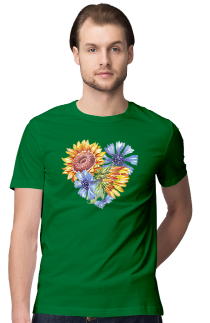 Футболка чоловіча з принтом "Серце соняшники та фіалки". Квіти, люблю україну, любов, серце, соняшник, україна, фіалки. 2070702
