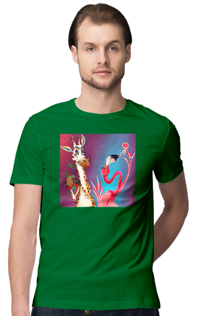 Men`s t-shirt with prints Giraffe And Flamingo At The Party. Cocktail, flamingo, food, giraffe. 2070702