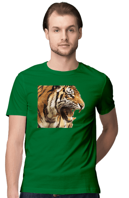 Футболка чоловіча з принтом "Тигр". Велика кішка, великий кіт, дика природа, дикий, звір, зуби, паща, погляд, портрет, природа, стилізація, тварина, тигр, хижак. futbolka.stylus.ua