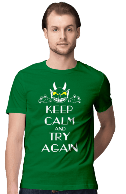 Men's t-shirt with prints Keep calm and try again. Calmness, demon, heck, keep calm, satan, stay calm, try again. 2070702