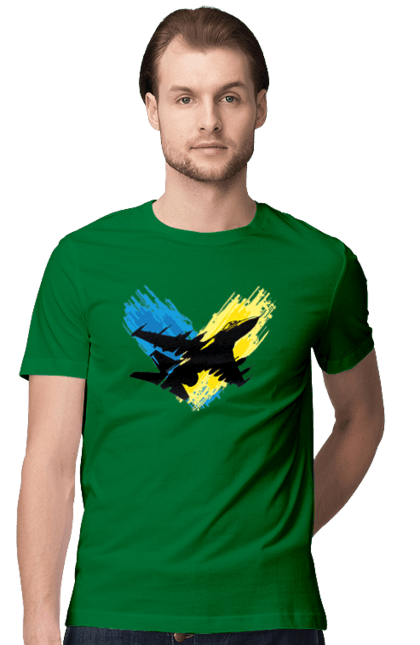 Футболка чоловіча з принтом "Літак F 16". З прапором, зсу, літак, літак f16, патріотична, прапор, ф16. 2070702