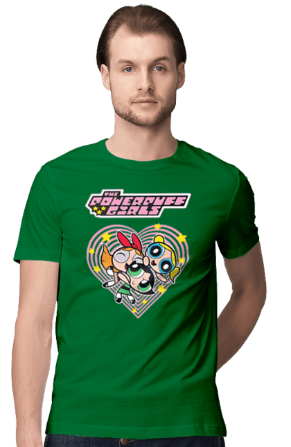 Men's t-shirt with prints Powerpuff Girls. Animated series, blossom, bubbles, buttercup, cartoon network, cool girls, heart, powerpuff girls. 2070702