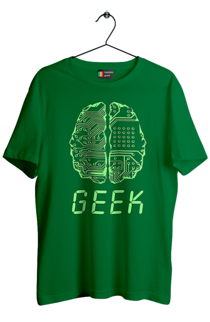 Футболка чоловіча з принтом "Гик Мозок Неоновий". Айті, айтішник, гик, друкована плата, зелений, знання, інженер, кібер, кібернетика, кіборг, код, комп, комп’ютерник, кристал, мікросхема, мозок, неон, неоновий, програміст, професіонал, професія, розробник, розум, світиться, світло, чіп. 2070702