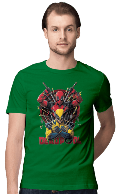 Men's t-shirt with prints Deadpool & Wolverine. Action movie, comic, deadpool, fantasy, film, logan, marvel, mutant, superhero, x-men. 2070702