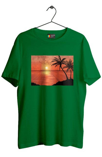 Футболка чоловіча з принтом "Захід Пальми Море". Берег, захід, море, пальми. 2070702
