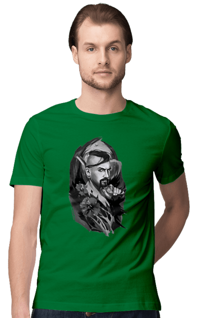 Футболка чоловіча з принтом "Козак". Вуса, квітки, козак, пістолет, справжній українець, чуб. 2070702