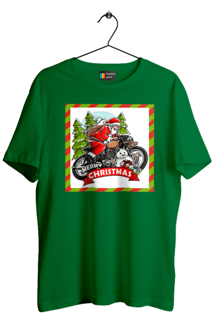 Men`s t-shirt with prints Santa on a motorcycle. Christmas, motorcycle, new year, presents, santa, snowman, tree. 2070702