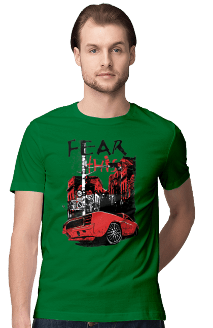 Men`s t-shirt with prints Red Car In The City. Riding, town. 2070702