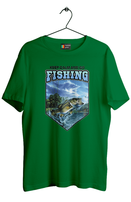 Футболка чоловіча з принтом "Keep Calm and Go Fishing". Відпочинок на природі, для рибалок, для чоловіків, мисливці та риболови, природа, рибалка, риболовля, спінінг, хоббі. 2070702