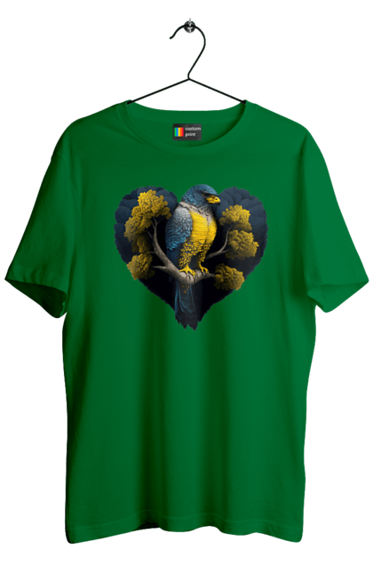 Men`s t-shirt with prints Blue and yellow falcon. Falcon, flag of ukraine, heart, symbol of ukraine, tree, ukraine. 2070702
