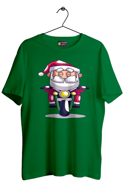 Футболка чоловіча з принтом "Щасливий Санта на мотоциклі". 2022, дід мороз, зима, мотоцикл, новий рік, різдво, санта, сніг. 2070702