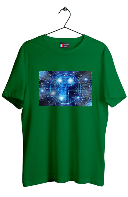 Футболка чоловіча з принтом "Штучний інтелект". Айті, айтішник, гік, знання, інженер, інтелект, кібер, кібернетика, кіборг, код, комп, комп`ютерник, кристал, машинне навчання, мікросхема, мозок, портрет, програміст, професіонал, професія, розробник, розум, хакер, чіп, штучний інтелект, штучний розум. 2070702