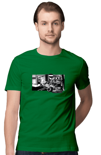 Men`s t-shirt with prints Dangerous Car on the roads of the streets. Black and white, car, dangerous, fast, machine, race. 2070702