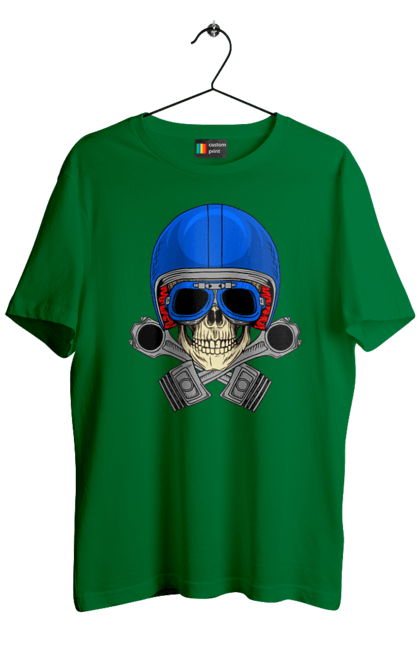 Футболка чоловіча з принтом "череп мотолюбитель". Байкер, окуляри, череп, шолом. 2070702