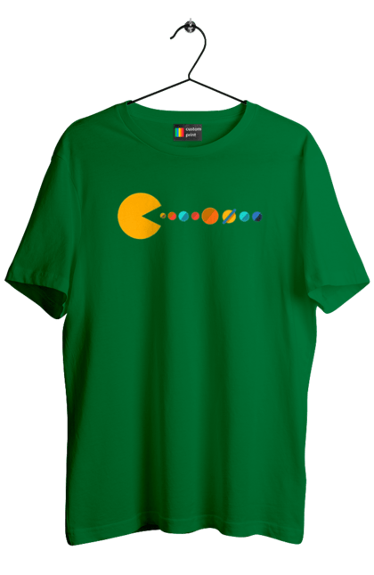 Футболка чоловіча з принтом "Pac Man Planets". Atari, namco, pac man, аркадна відеогра, відеогра, комп`ютерна гра, космос, лабіринт, планети, сонячна система. 2070702