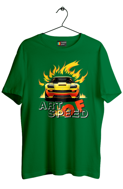 Футболка чоловіча з принтом "Машина у вогні". Автомобіль, вогонь, спортивна машина, спортивний автомобіль, швидкість. 2070702