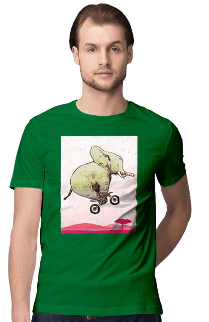 Футболка чоловіча з принтом "Слон На Мотоциклі". Мотоцикл, політ, слон. 2070702