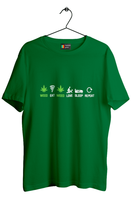 Футболка чоловіча з принтом "Їсти , любити, спати, повторити". Їсти, коноплі, любов, піца, повторити, секс, сон, спати, трава. 2070702