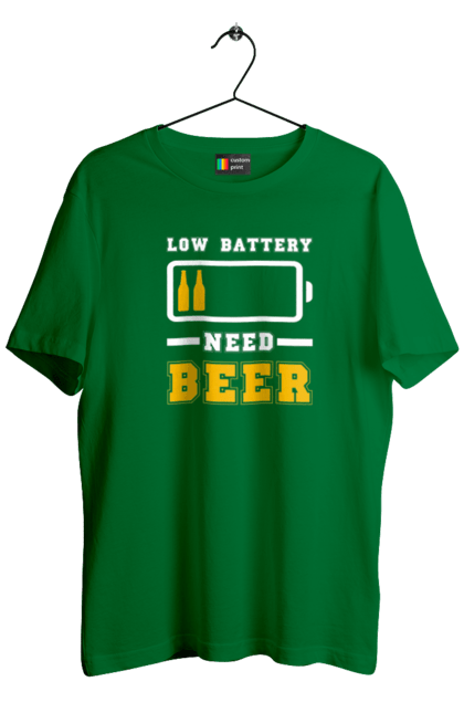 Футболка чоловіча з принтом "Low battery need beer". Алкоголь, брутальні, літні, пиво, прикольні принти, чоловічі. 2070702