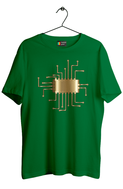 Футболка чоловіча з принтом "Золотий Чіп". Айті, айтішник, гик, золотий, золото, інженер, кібернетика, код, комп, комп’ютерник, кристал, мікросхема, програміст, професія, розробник, чіп. 2070702
