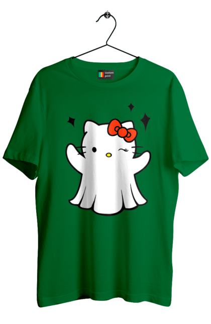 Футболка чоловіча з принтом "Хелло Кітті Хелловін". Ghost, halloween, hello kitty, бренд, кіт, кошеня, персонаж, привид, хелло кітті, хелловін. 2070702