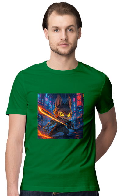Футболка чоловіча з принтом "Лабубу". Аніместиль, дія, катана, кіберніндзя, кіберпанк, лабубу, меч, неонове місто, очі` що світяться. 2070702