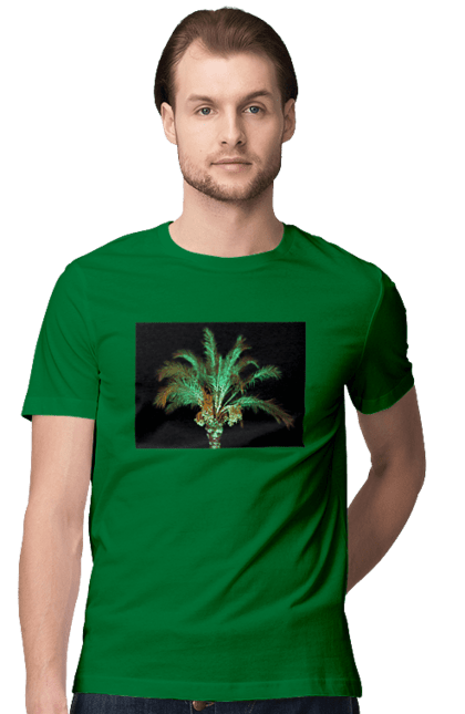Футболка чоловіча з принтом "Фінікова Пальма Вночі". Берег, відпочинок, відпустка, зелений, море, ніч, оазис, океан, острів, пальма, південь, подорож, пригоди, тропіки, фінікова, чорне. 2070702