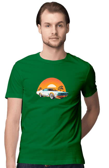 Men`s t-shirt with prints Beautiful car at sunset. Auto, decline, sun. 2070702