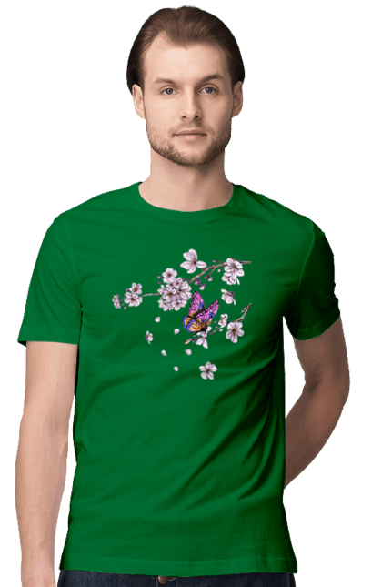 Футболка чоловіча з принтом "Метелик І Сакура". Весна, дерево, метелик, сакура. 2070702