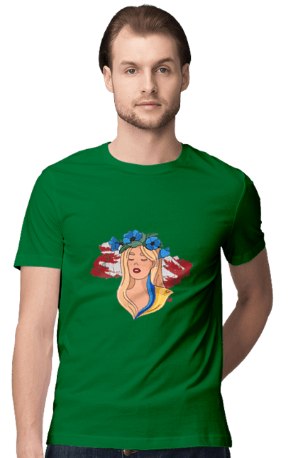 Men`s t-shirt with prints Girl on the map of Ukraine. Blue, flag, flowers, girl, girl on the map, map of ukraine, red, ukraine, yellow. 2070702