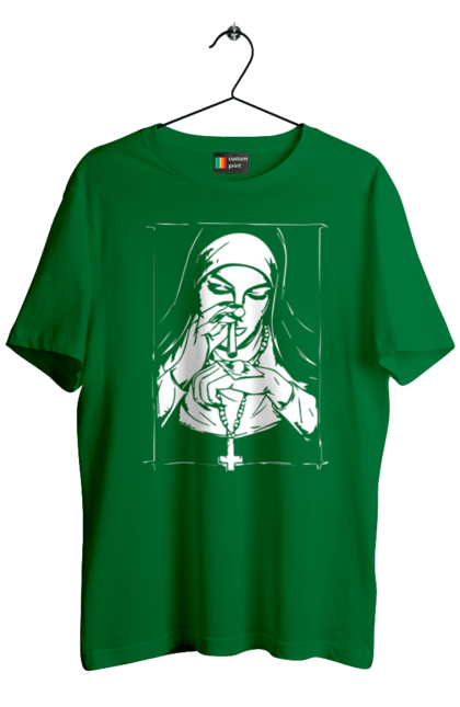 Men`s t-shirt with prints The nun sniffs the powder. Cool, cross, fashionable, nun, popular. 2070702